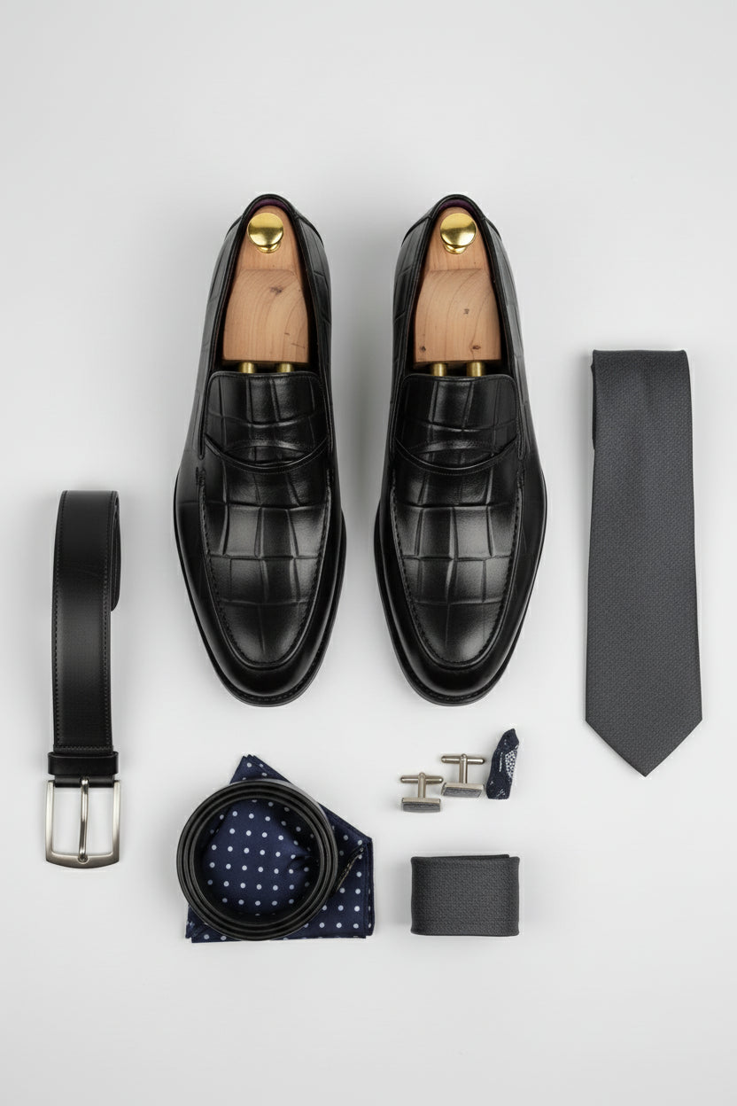 Black leather textured formal shoes with elegant design, perfect for weddings and business.
