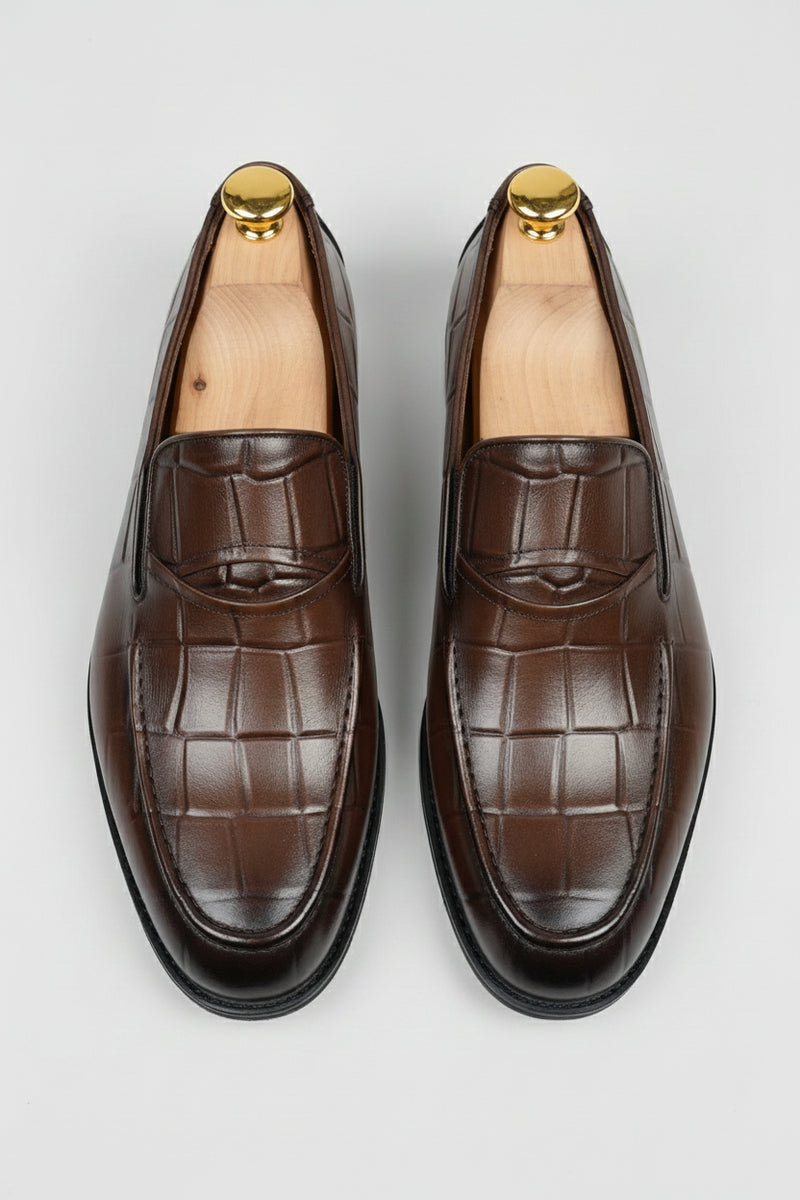 Brown Crocodile-Embossed Slip-On Shoes
