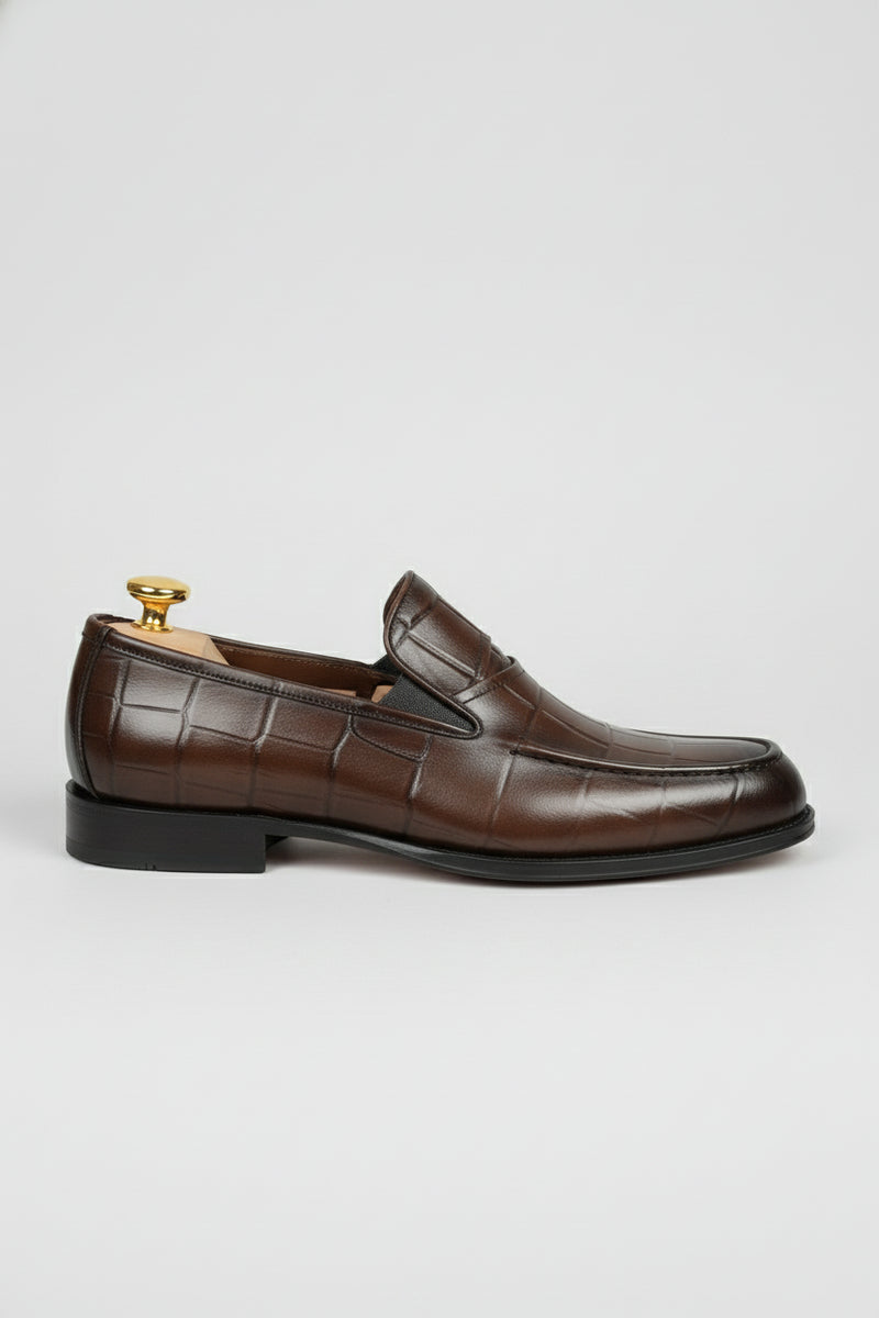 Brown Crocodile-Embossed Slip-On Shoes