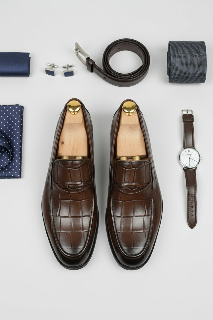 Brown crocodile-embossed slip-on shoes with elegant design for formal wear.
