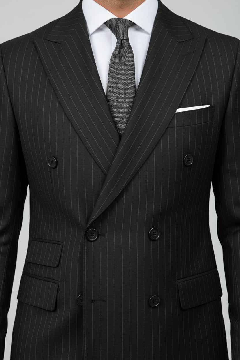 Black pinstripe double-breasted suit jacket with tailored fit and matching tie.