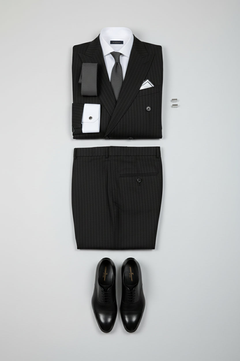 Black pinstripe double-breasted suit with tailored fit, matching trousers, and polished shoes.