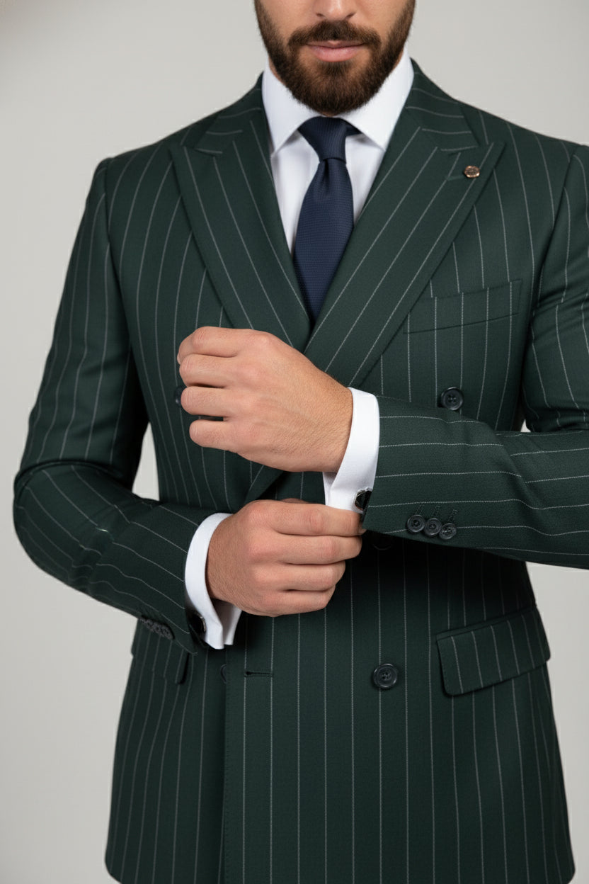 Man adjusting cuff of green pinstripe double-breasted suit jacket in tailored fit.