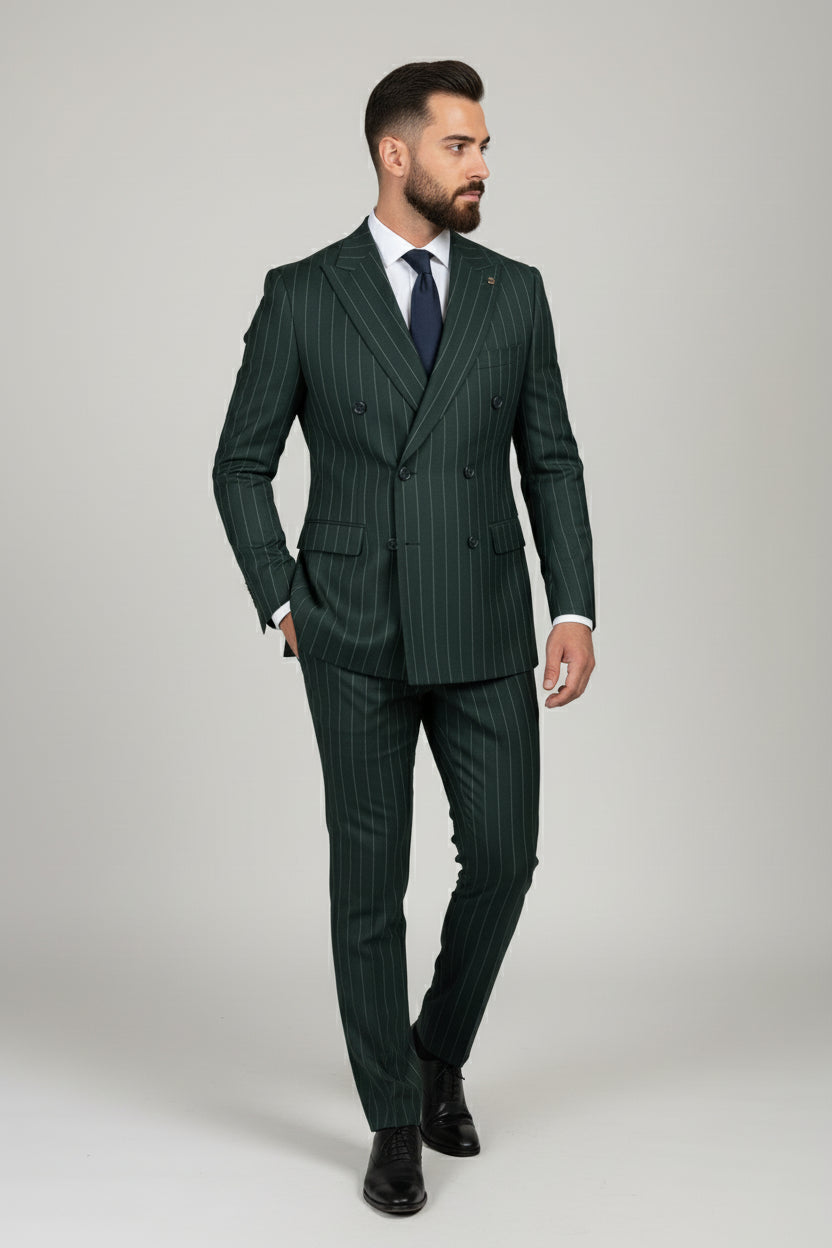 Man wearing green pinstripe double-breasted suit with tailored fit at formal event.