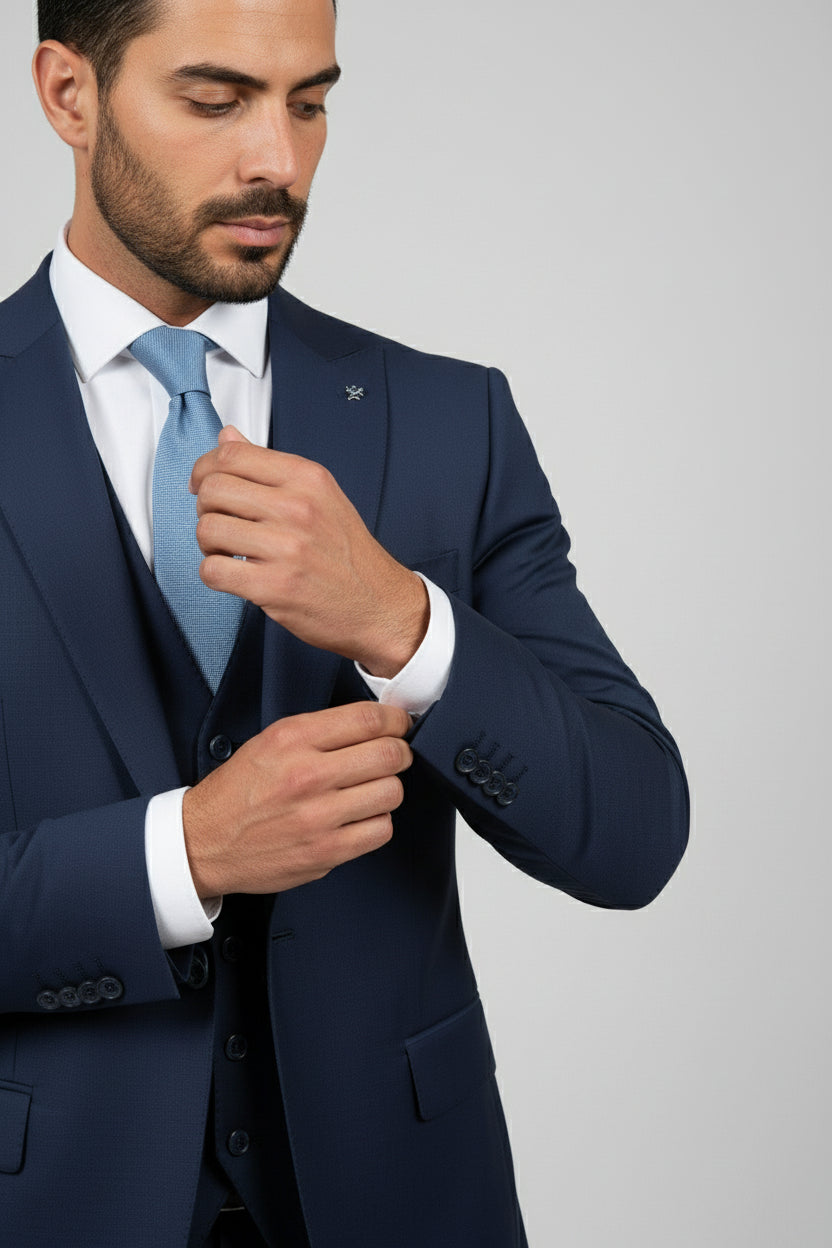 Man adjusting cuff of black tailored suit with satin lapels, perfect for formal occasions.