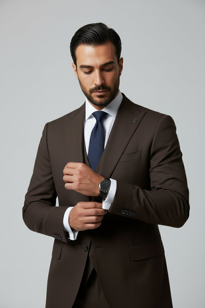 Man adjusting cuff of brown slim fit three-piece suit with elegant watch.