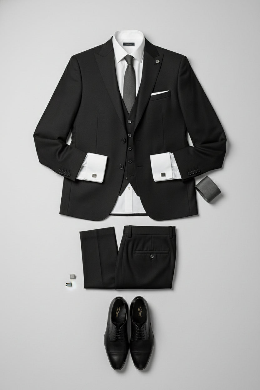 Black peak lapel three-piece suit with tailored fit, ideal for weddings and corporate events.