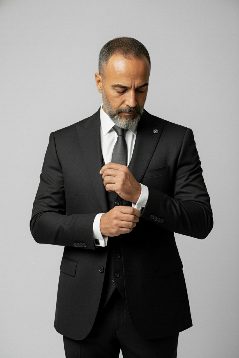 Black Peak Lapel 3 Piece Suit