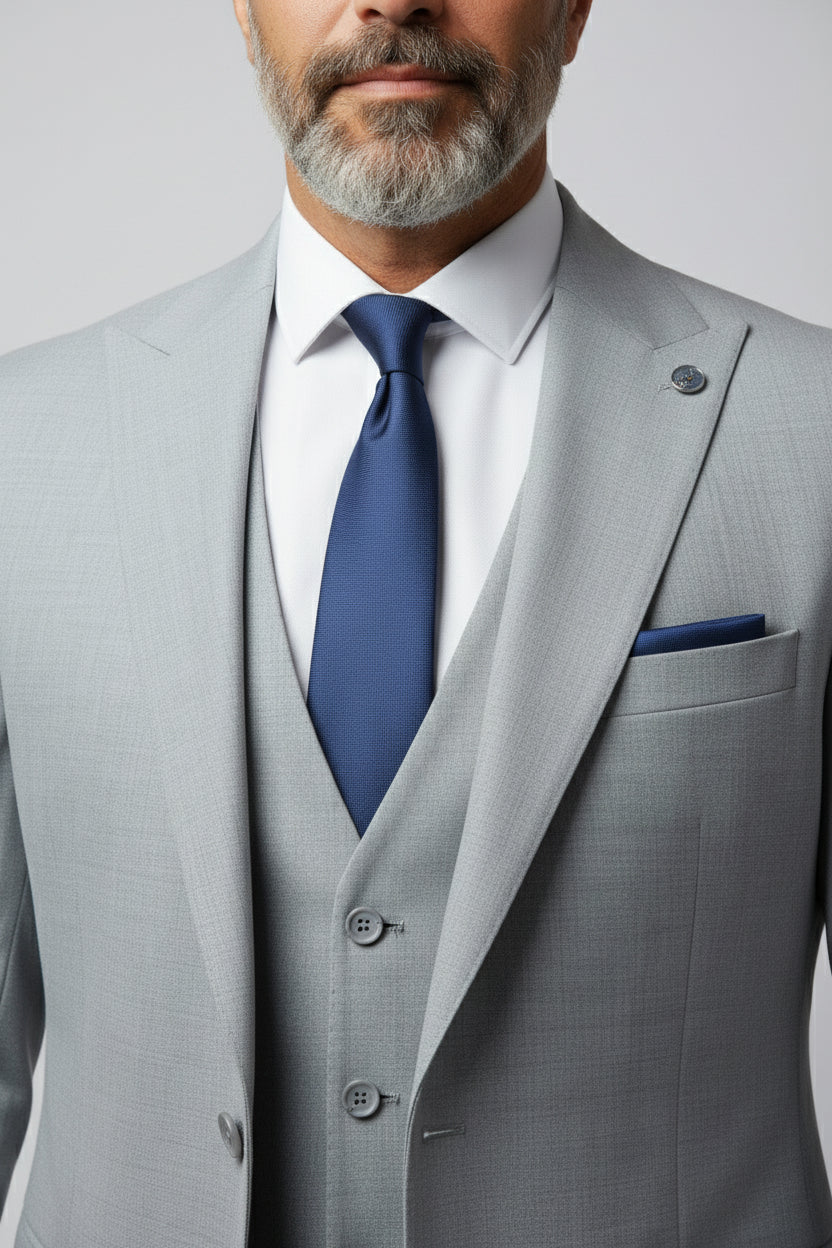 Man wearing light grey three-piece suit with tailored fit and blue tie.