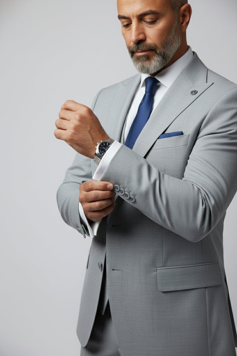 Man adjusting cuff of light grey tailored fit 3 piece suit with elegant details.