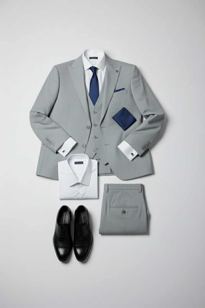 Light grey three-piece suit with tailored fit, paired with white shirt and black shoes.
