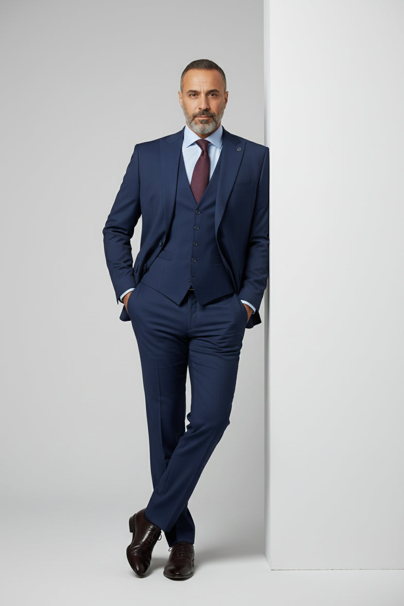 Man in navy slim fit three-piece suit with waistcoat, ideal for formal events.