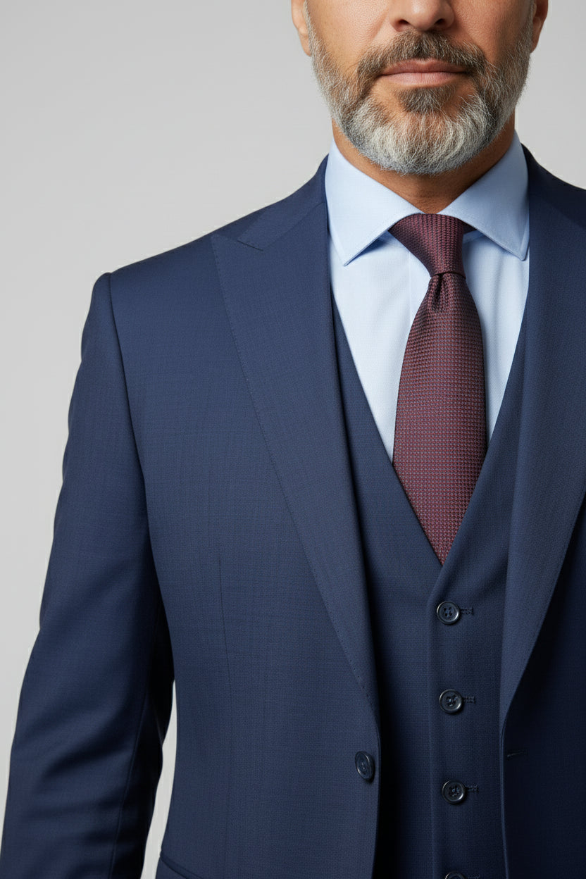 Man wearing navy slim fit three-piece suit with a patterned tie and buttoned vest.