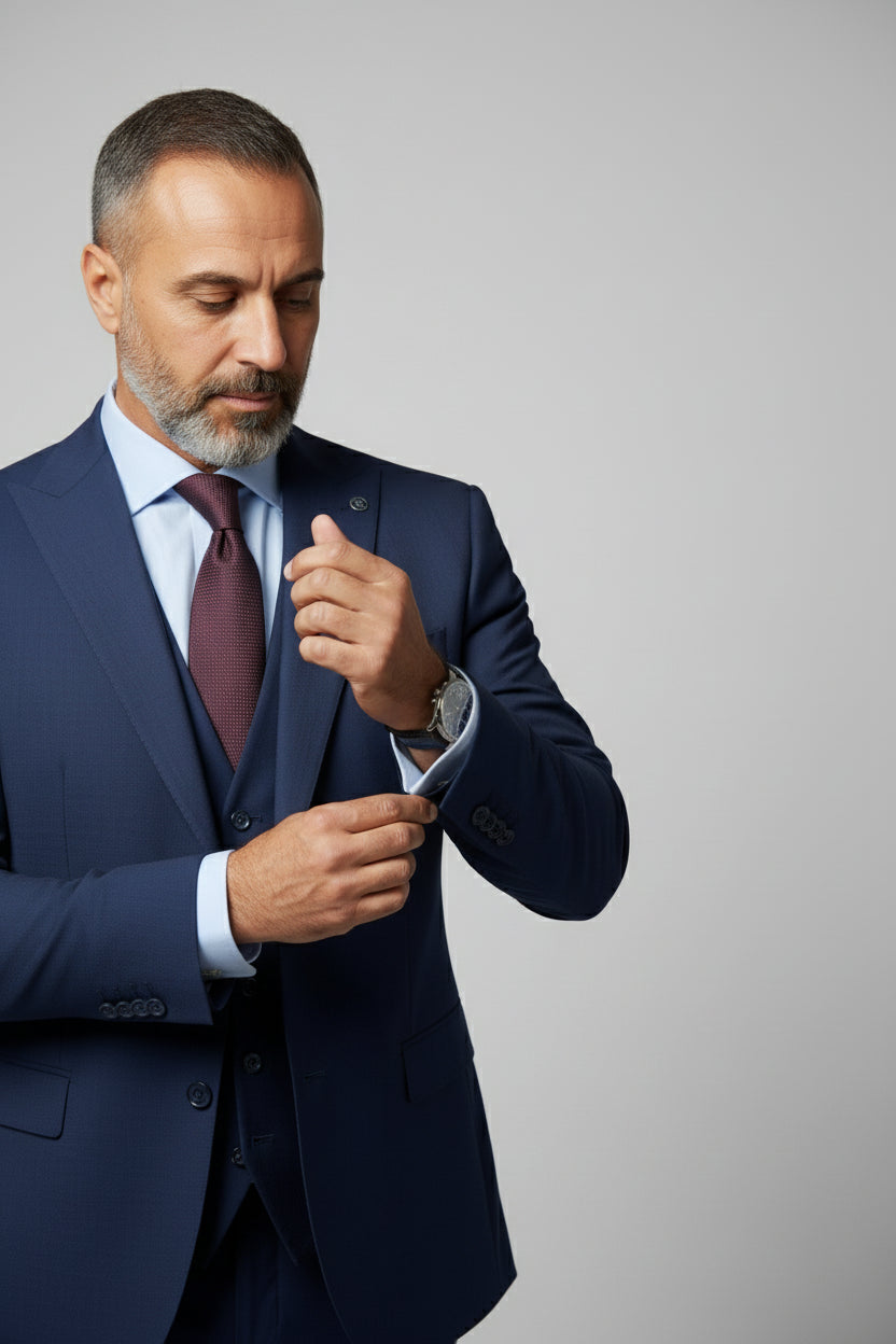 Man adjusting navy slim fit three-piece suit with burgundy tie and watch.