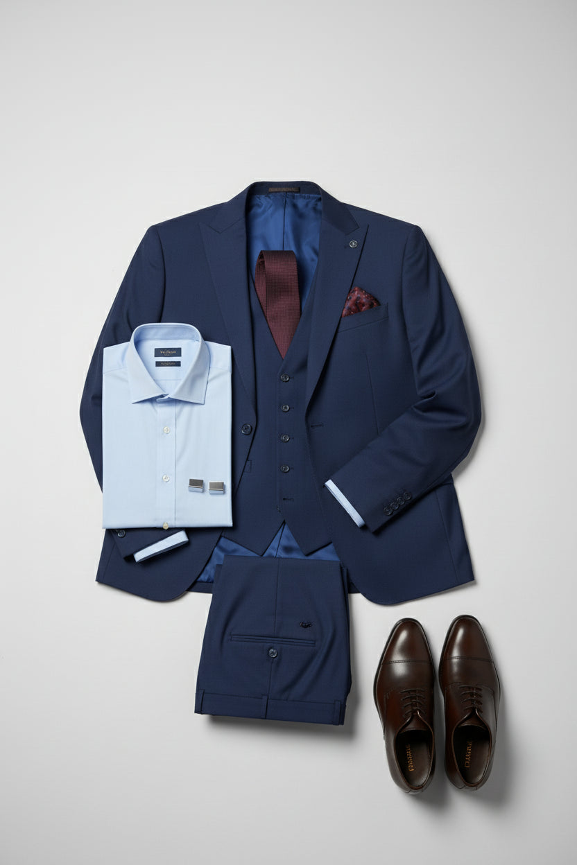 Navy slim fit three-piece suit with light blue shirt and brown dress shoes.