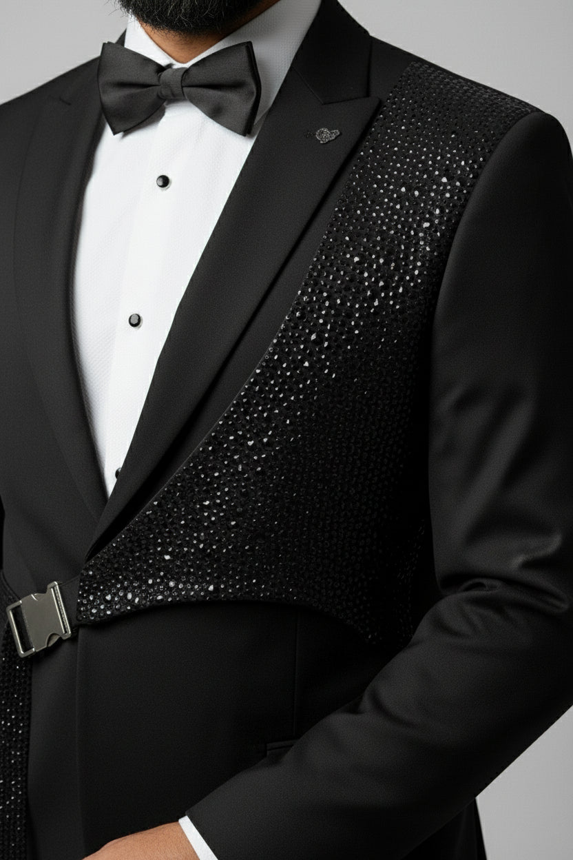 Man wearing black slim fit suit with sequin detail, perfect for weddings and galas.