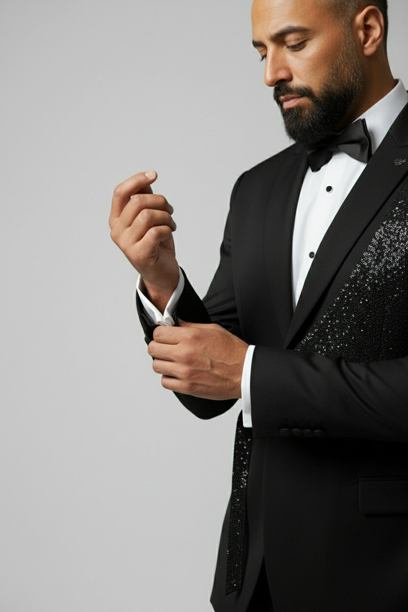 Man adjusting cuff of black slim fit suit with sequin detail for formal event.