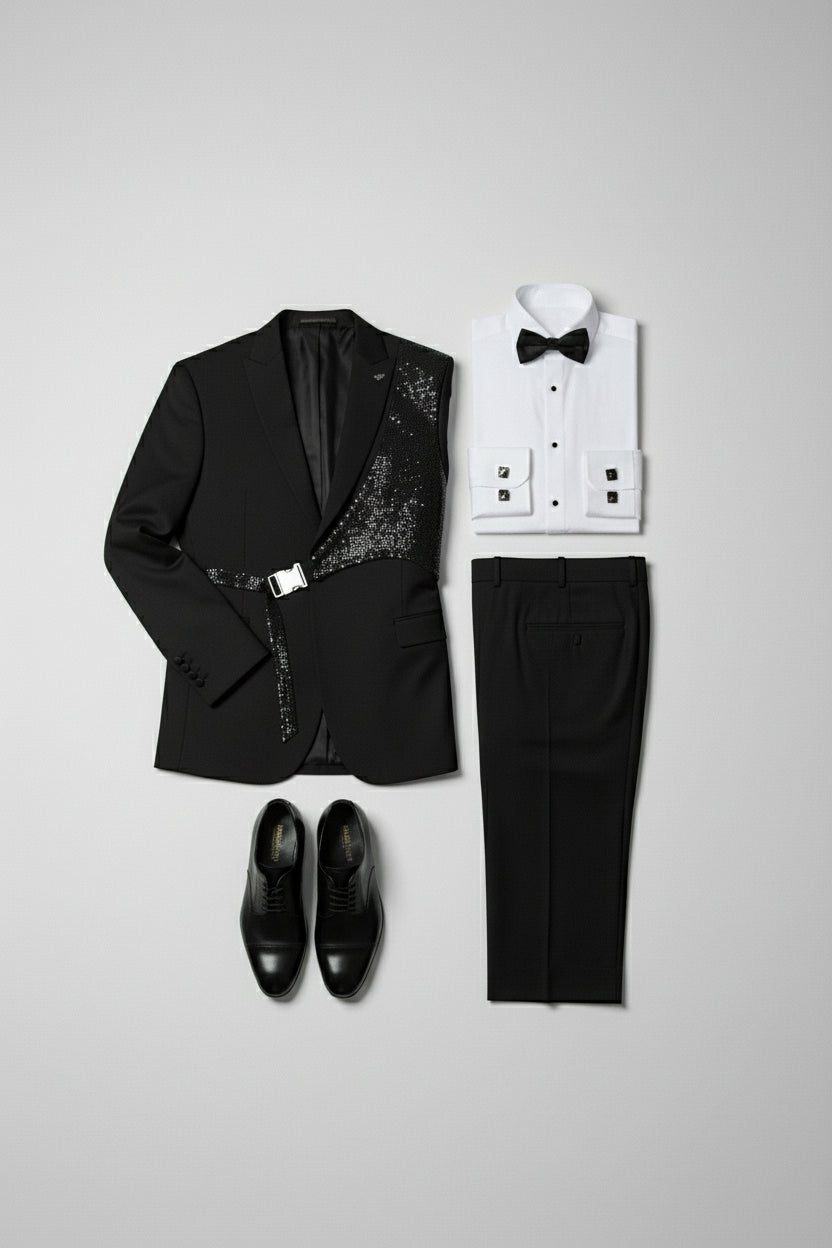 Black slim fit suit with sequin detail, paired with white shirt and bow tie.