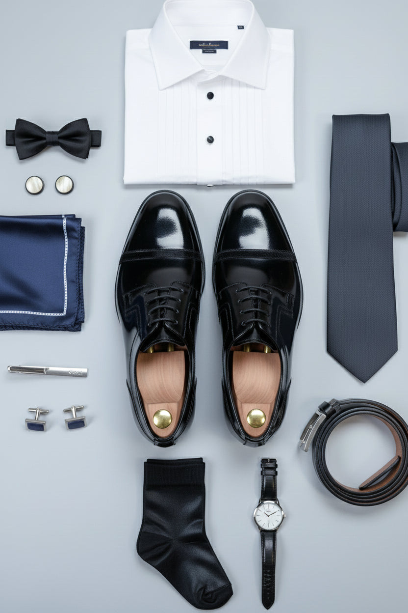 Black patent leather dress shoes with lace-up design for formal events.