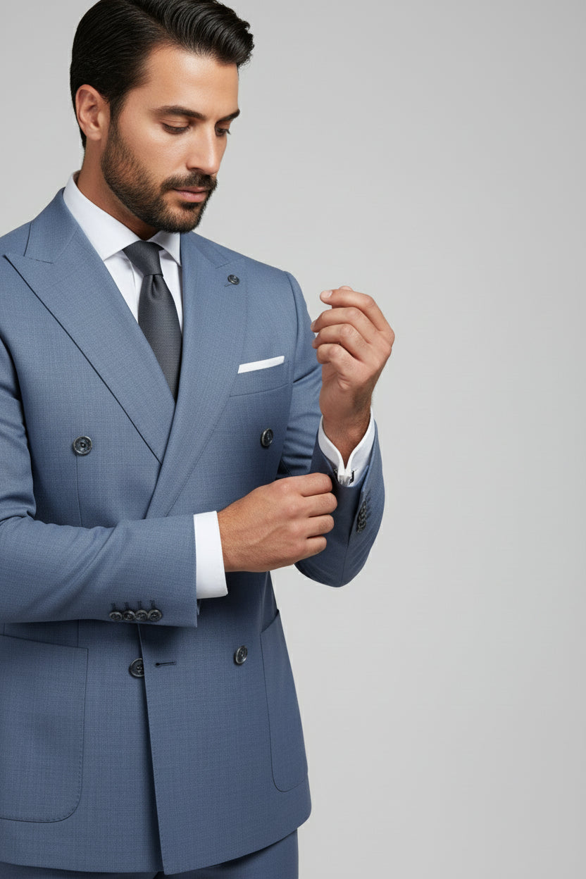 Man adjusting cuff of light blue double-breasted suit for formal event.