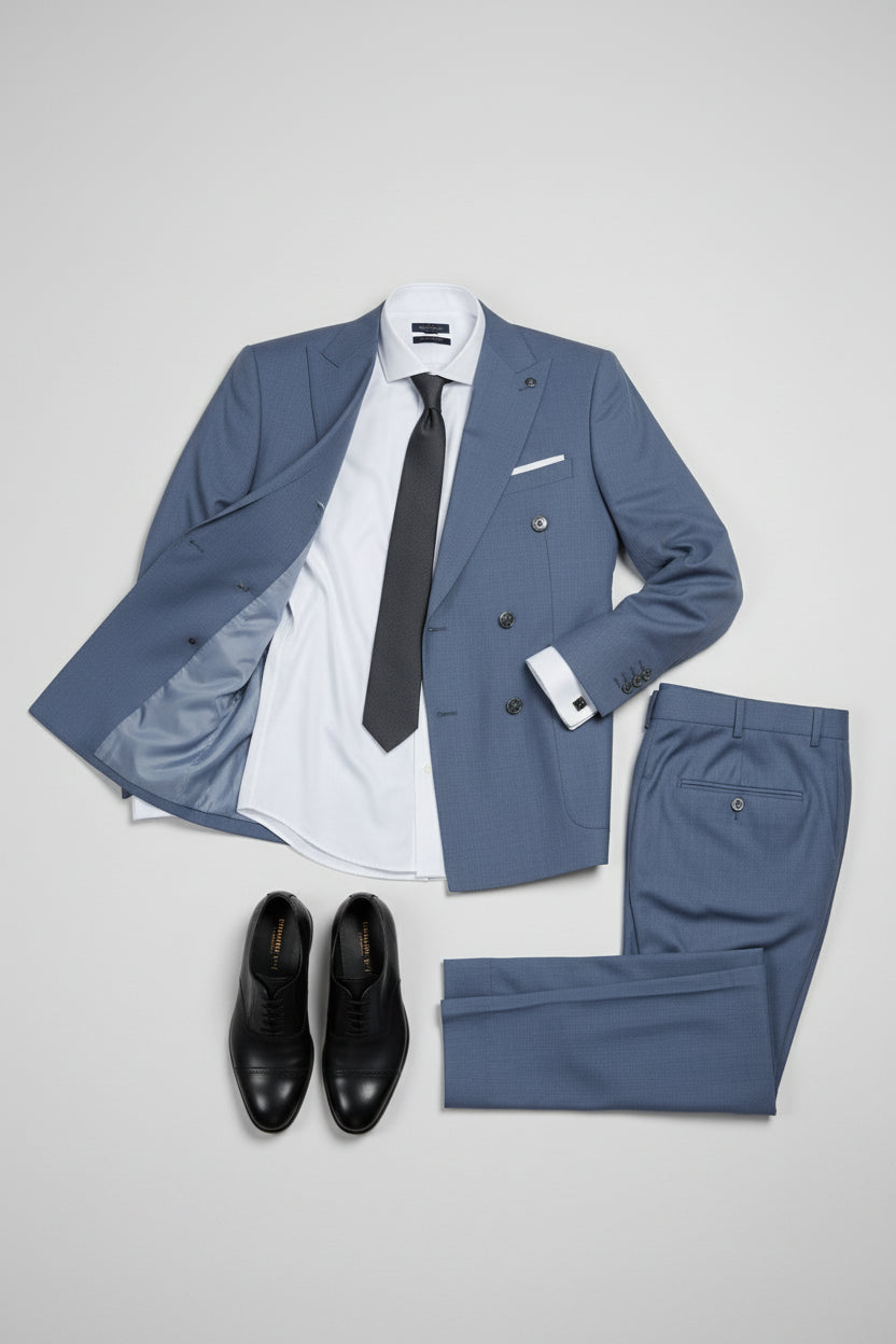 Light blue double-breasted suit with tailored fit, white shirt, and black dress shoes.