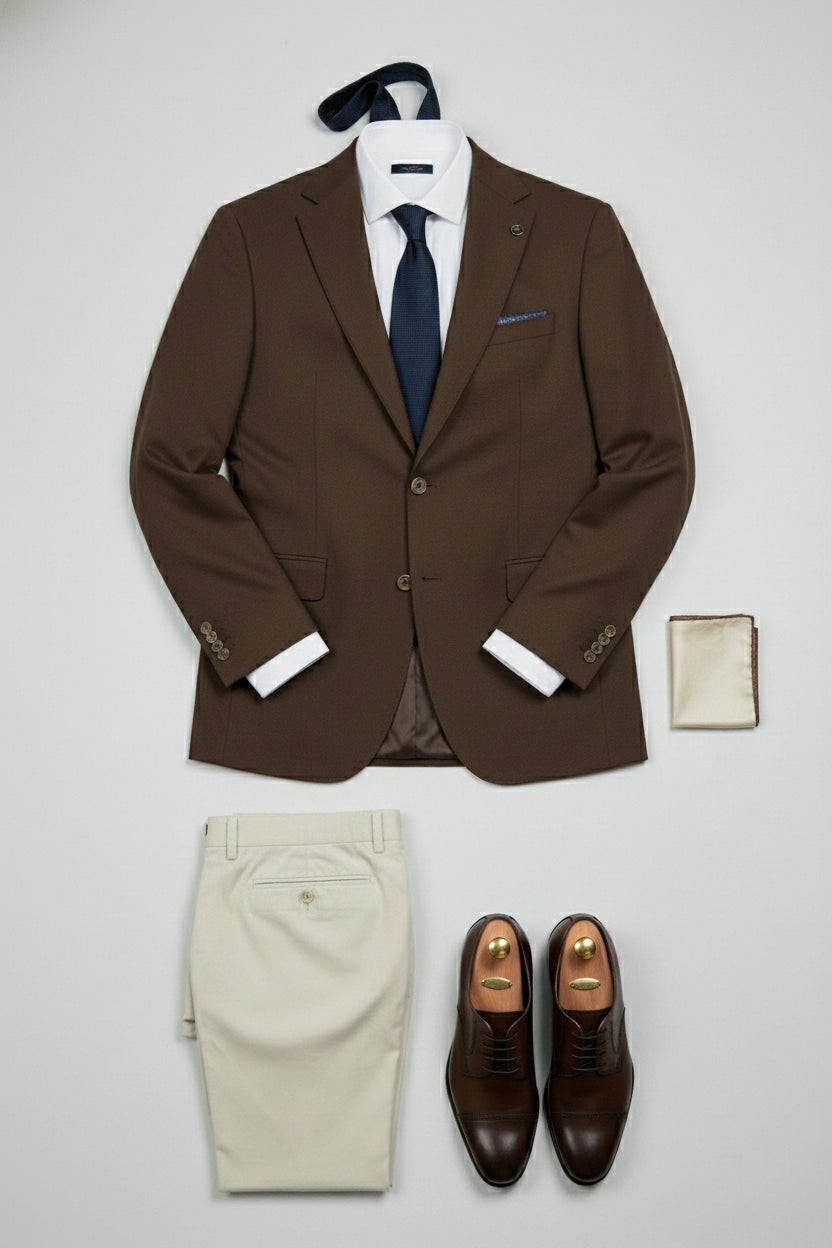 Brown and beige slim-fit two-piece suit with tailored jacket and trousers.