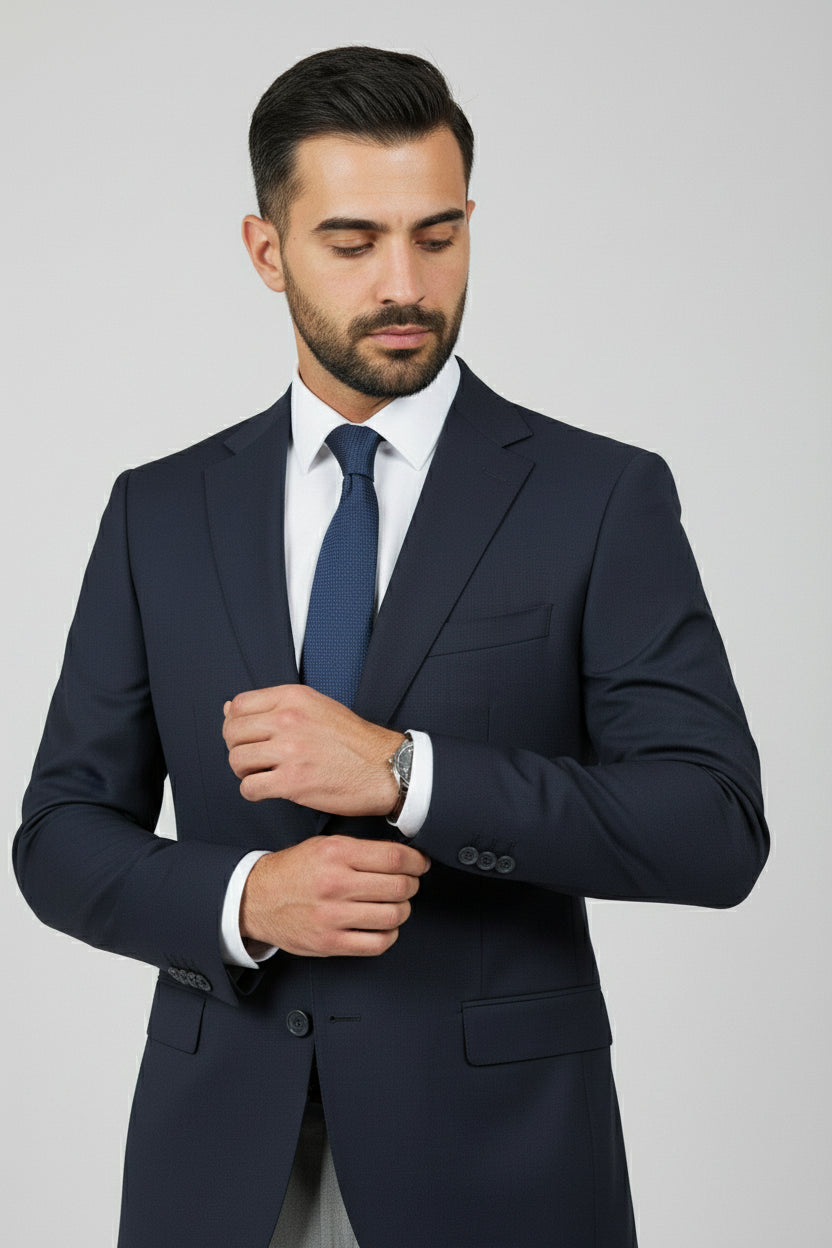 Man adjusting navy slim fit two-button suit jacket with elegant details.
