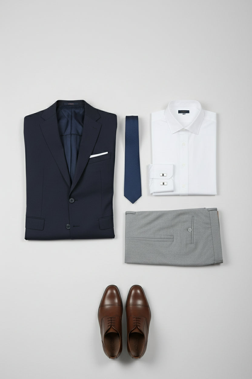 Navy slim fit two-button suit with white shirt and patterned tie for formal occasions