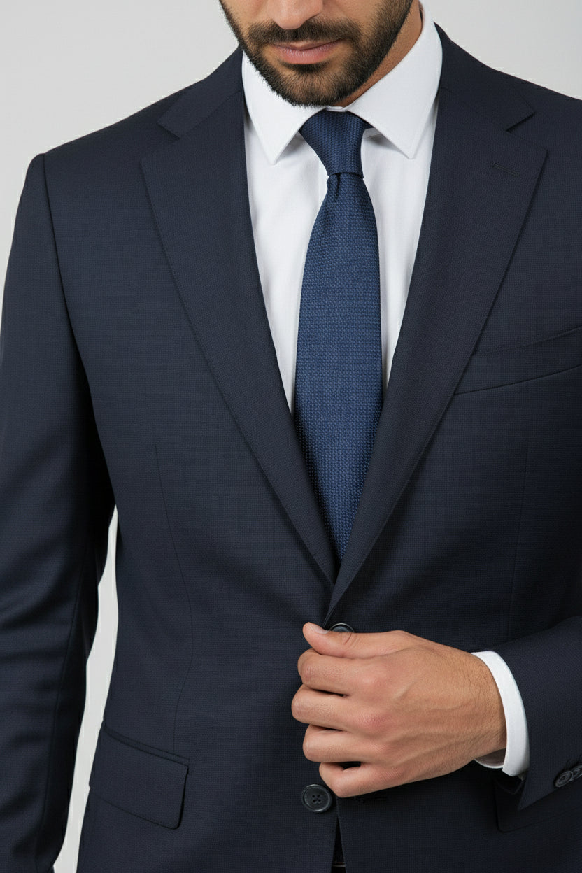 Man wearing navy slim fit two-button suit with matching tie and white shirt.
