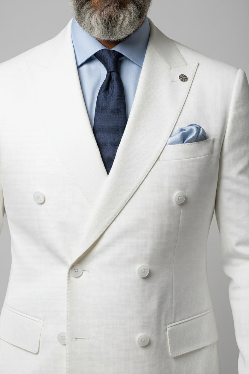 Man wearing white double-breasted dinner suit with peak lapels and blue tie.