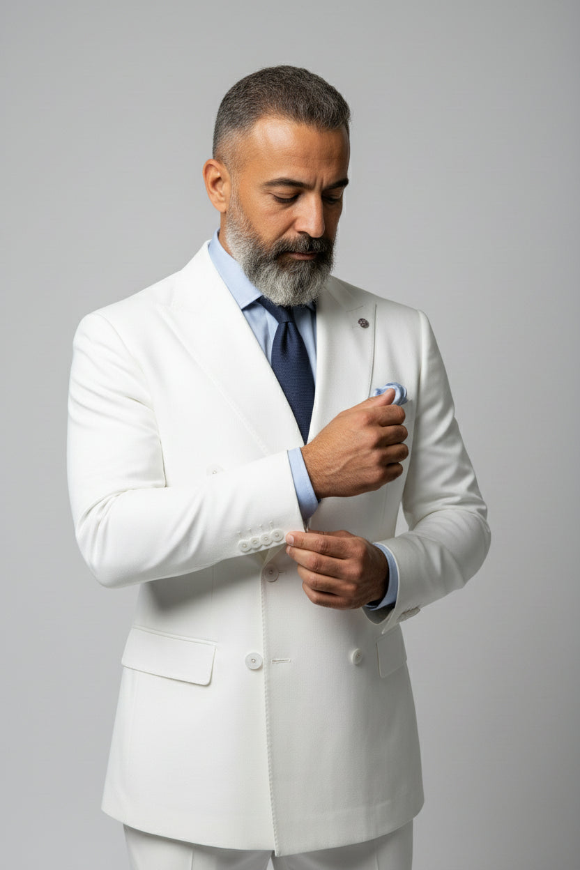 Man adjusting cuff of white double-breasted dinner suit with peak lapels.