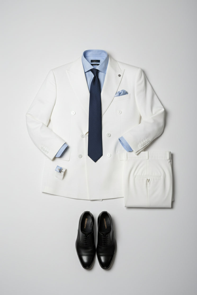 White double-breasted dinner suit with peak lapels, paired with black dress shoes.
