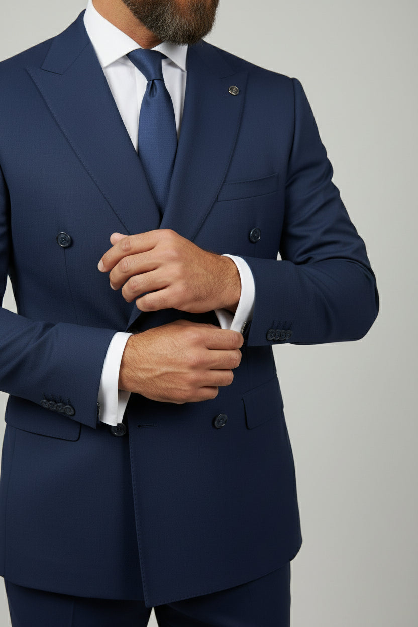 Man adjusting navy double-breasted suit with tailored fit and elegant details.