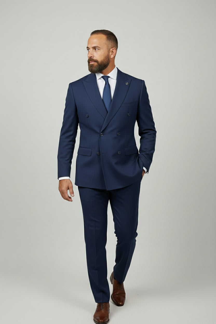 Man wearing elegant navy double-breasted suit with tailored fit for formal events