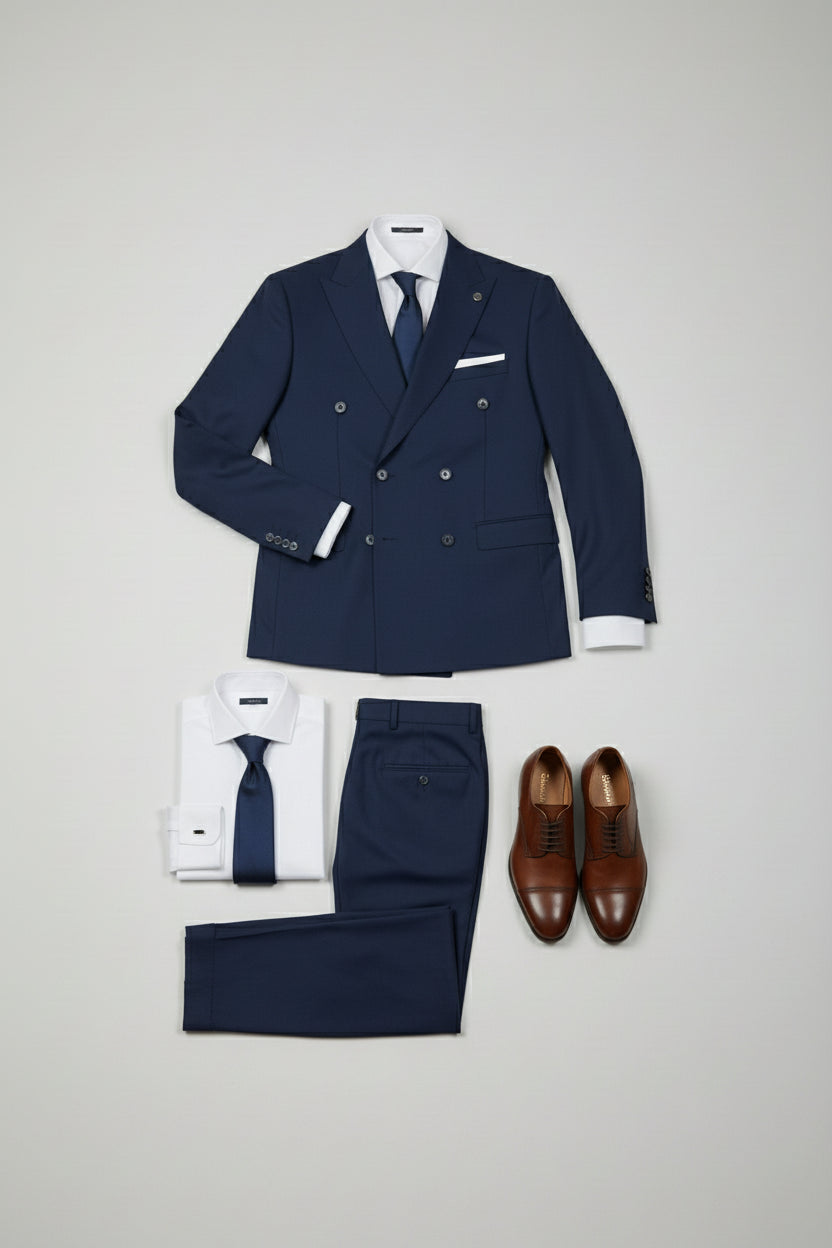 Navy double-breasted suit with tailored fit, white shirt, and brown dress shoes.
