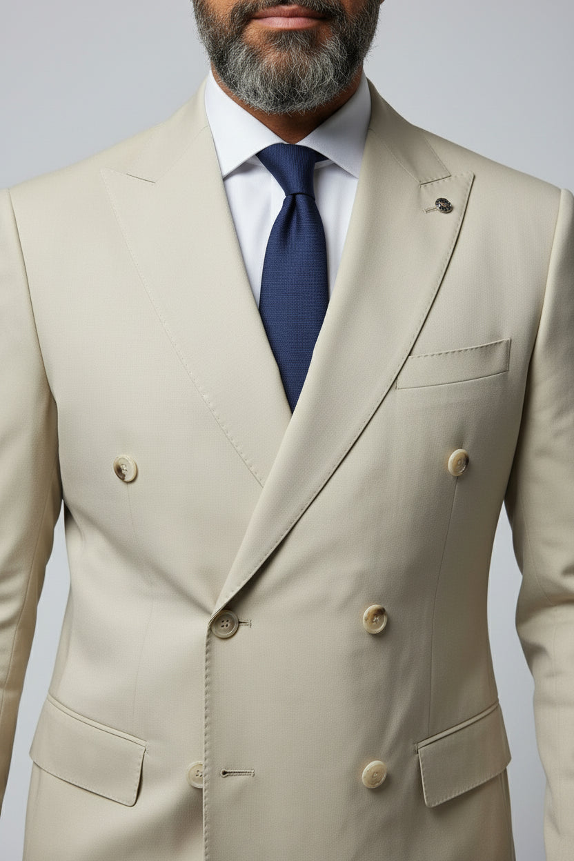 Man wearing beige double-breasted suit with peak lapels and navy tie.