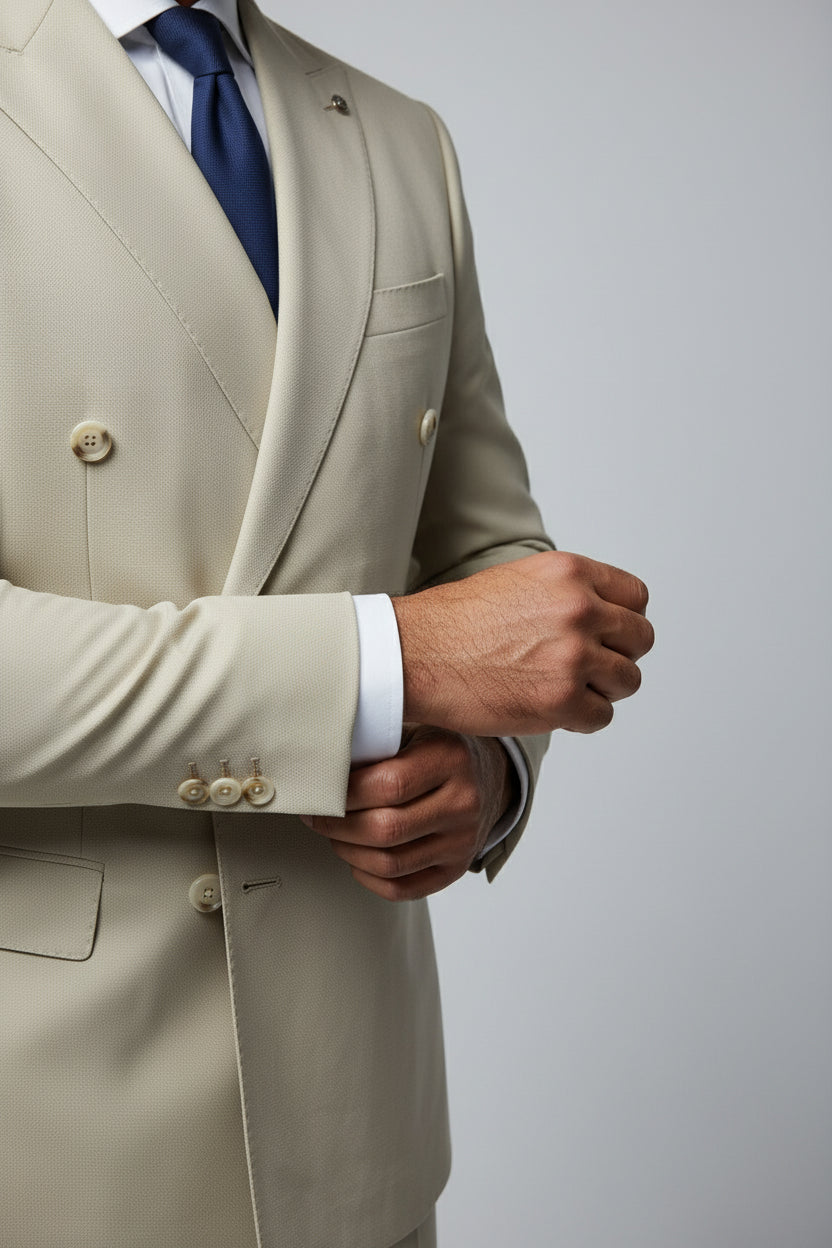 Beige double-breasted suit with peak lapels, tailored fit for formal occasions.