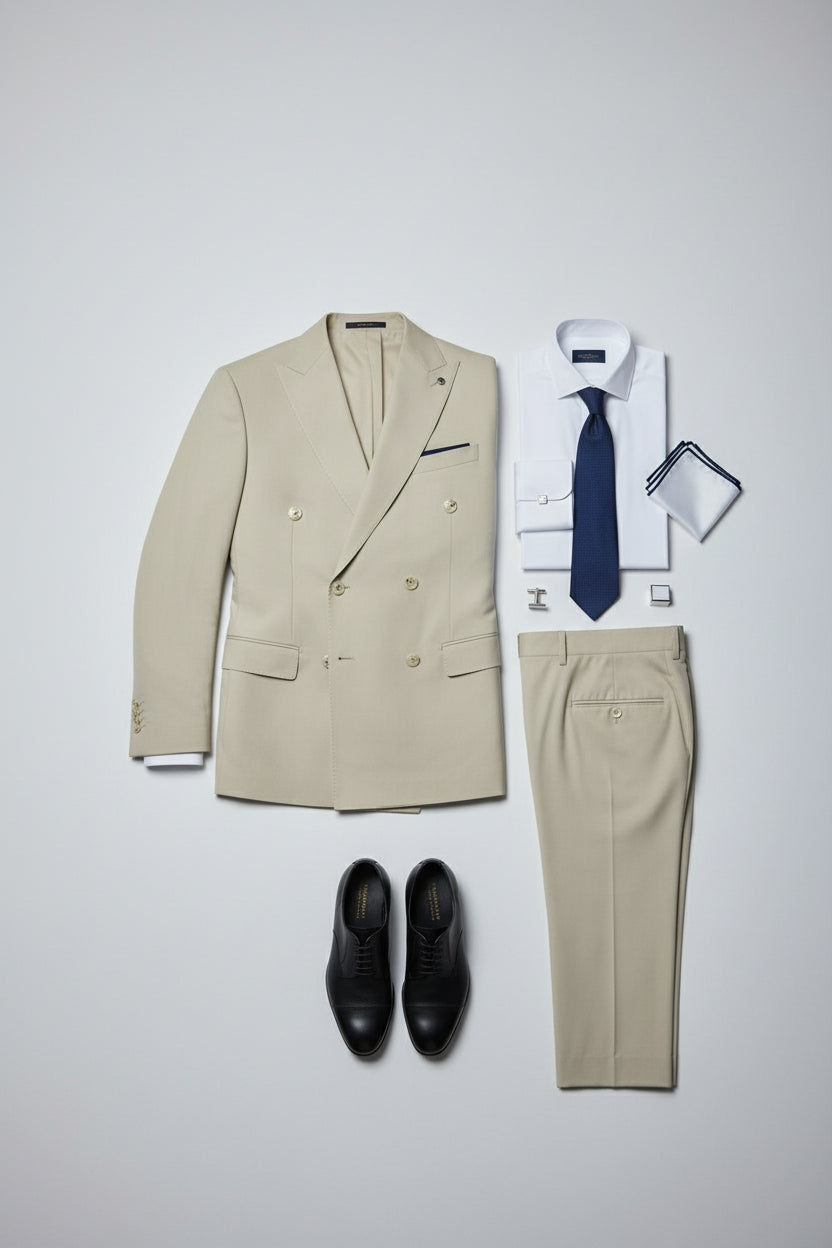 Beige double-breasted suit with peak lapels, tailored trousers, and formal accessories.