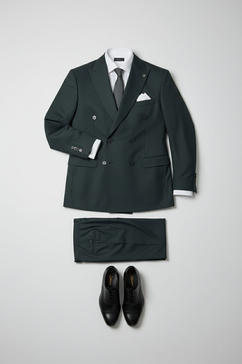 Dark green double-breasted suit with peak lapels and matching trousers, styled with black shoes.