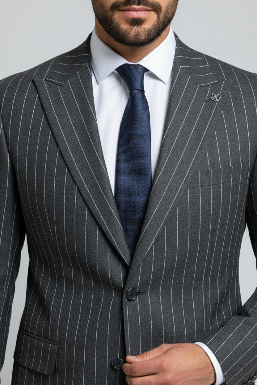 Man in charcoal pinstripe two-piece suit with tailored fit and navy tie.