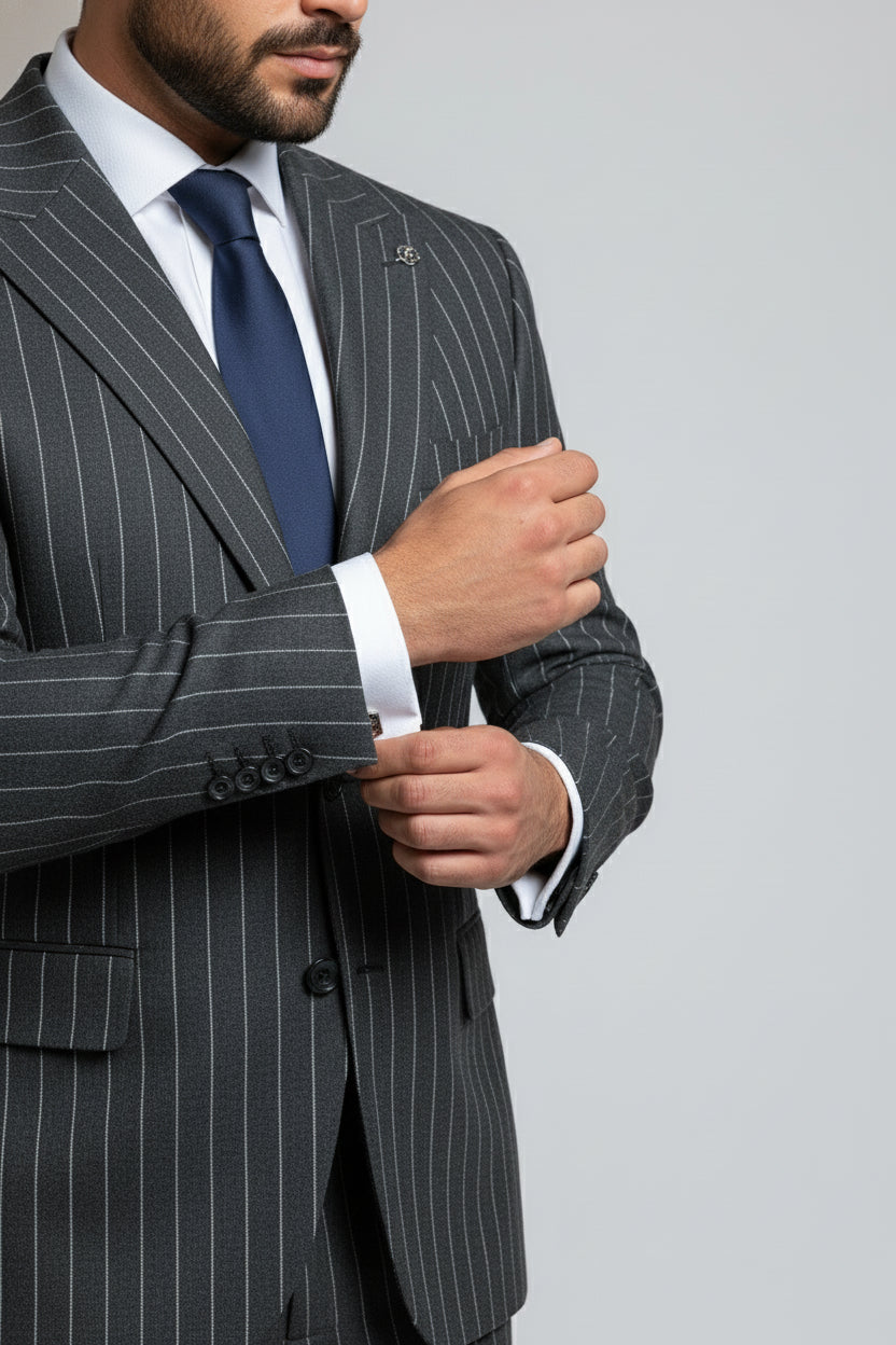 Man adjusting cuff of charcoal pinstripe two-piece suit with tailored fit.