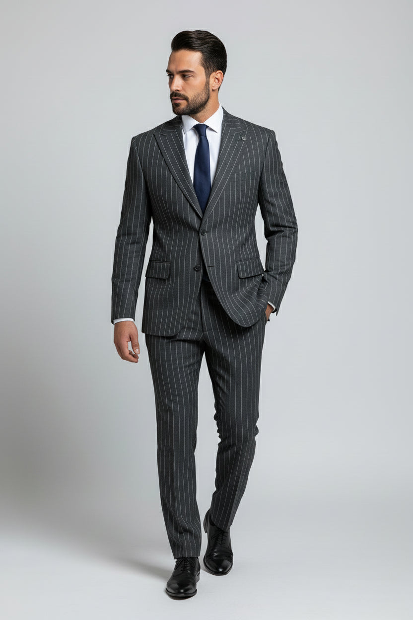 Man in charcoal pinstripe two-piece suit with tailored fit, ideal for business or weddings.