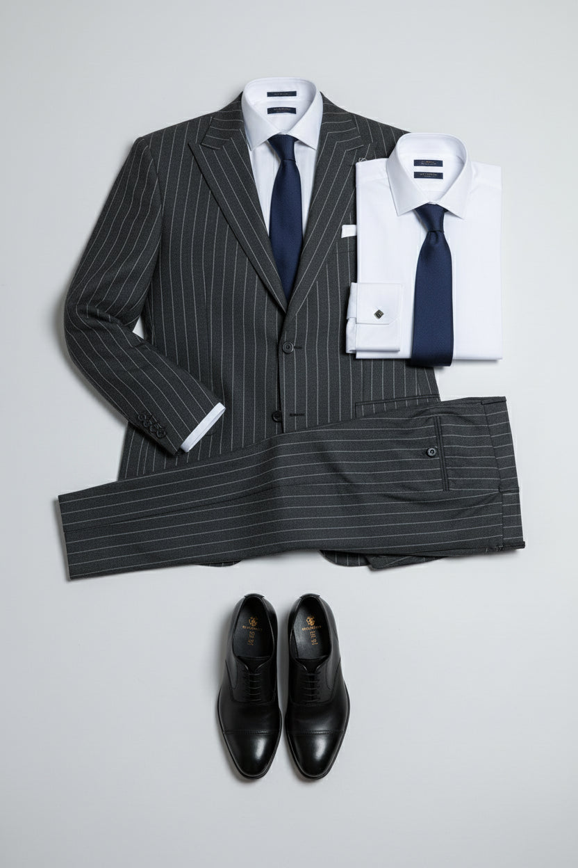 Charcoal pinstripe two-piece suit with tailored fit, white dress shirt, and navy tie.