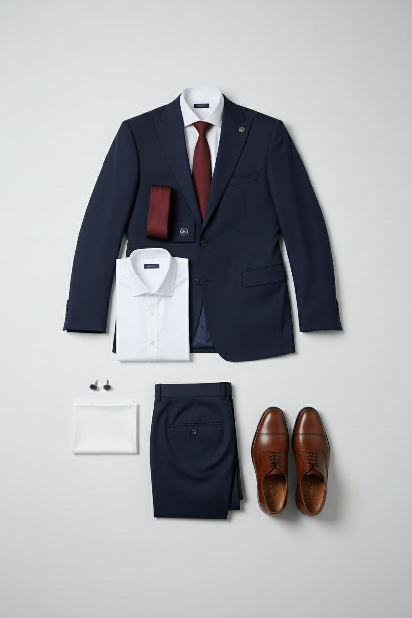 Navy two-piece slim fit suit with peak lapel, white shirt, and burgundy tie.