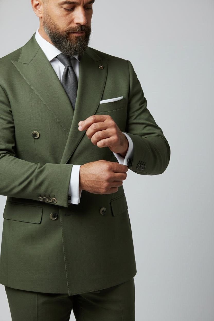 Man adjusting cuffs of olive double-breasted suit with peak lapels.