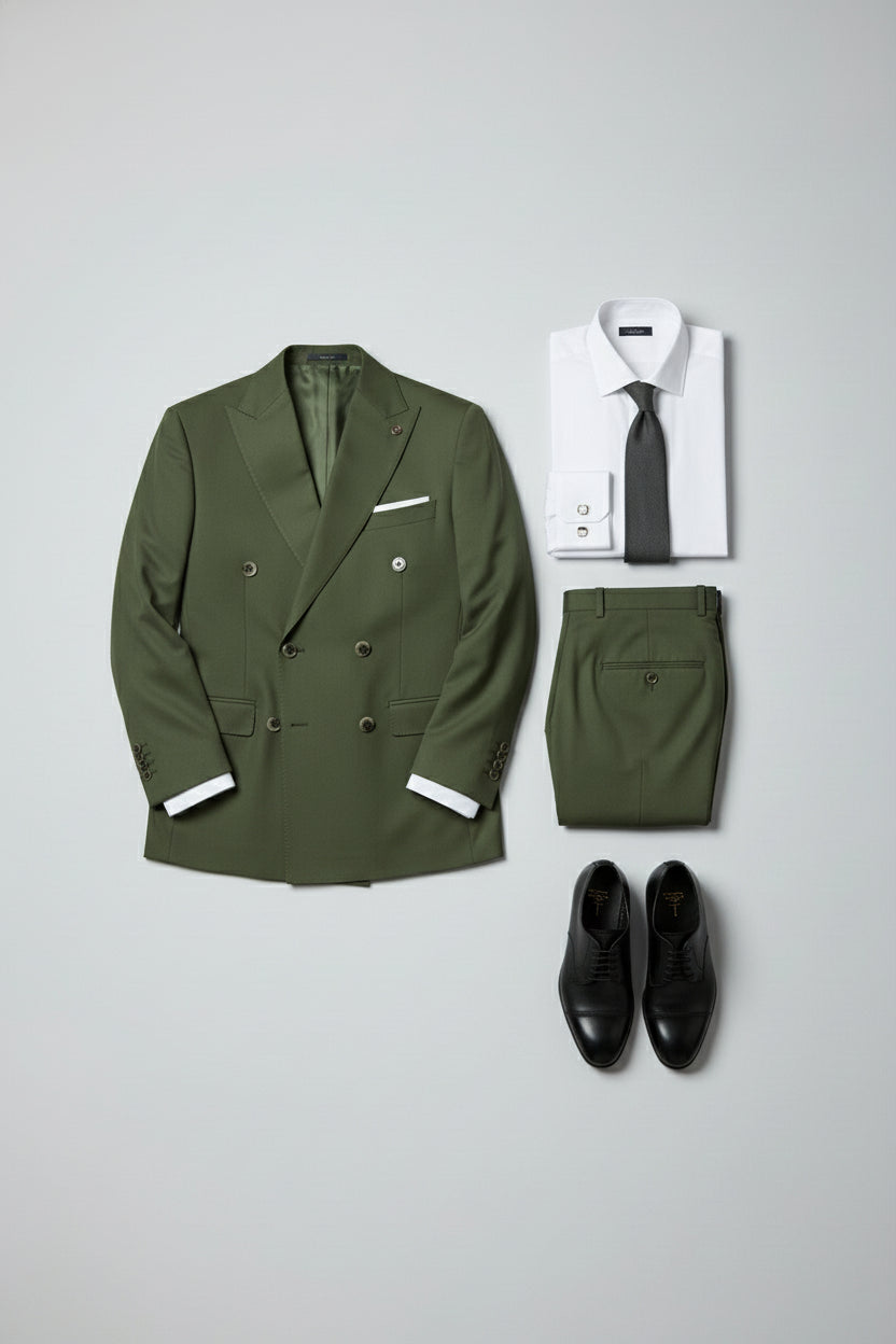 Olive double-breasted suit with peak lapels, tailored fit, and matching trousers.