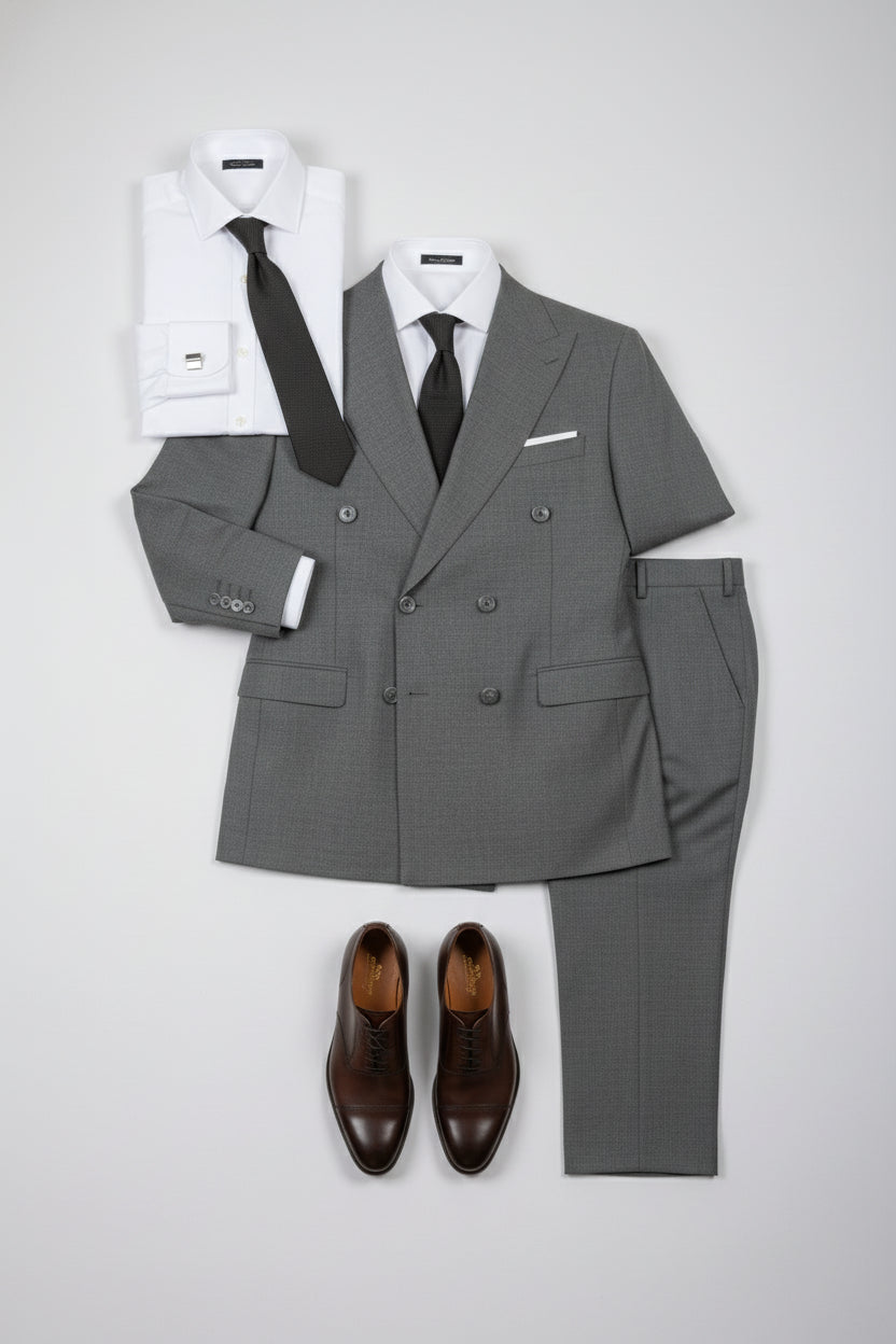 Gray double-breasted tailored suit with white dress shirt and black tie.