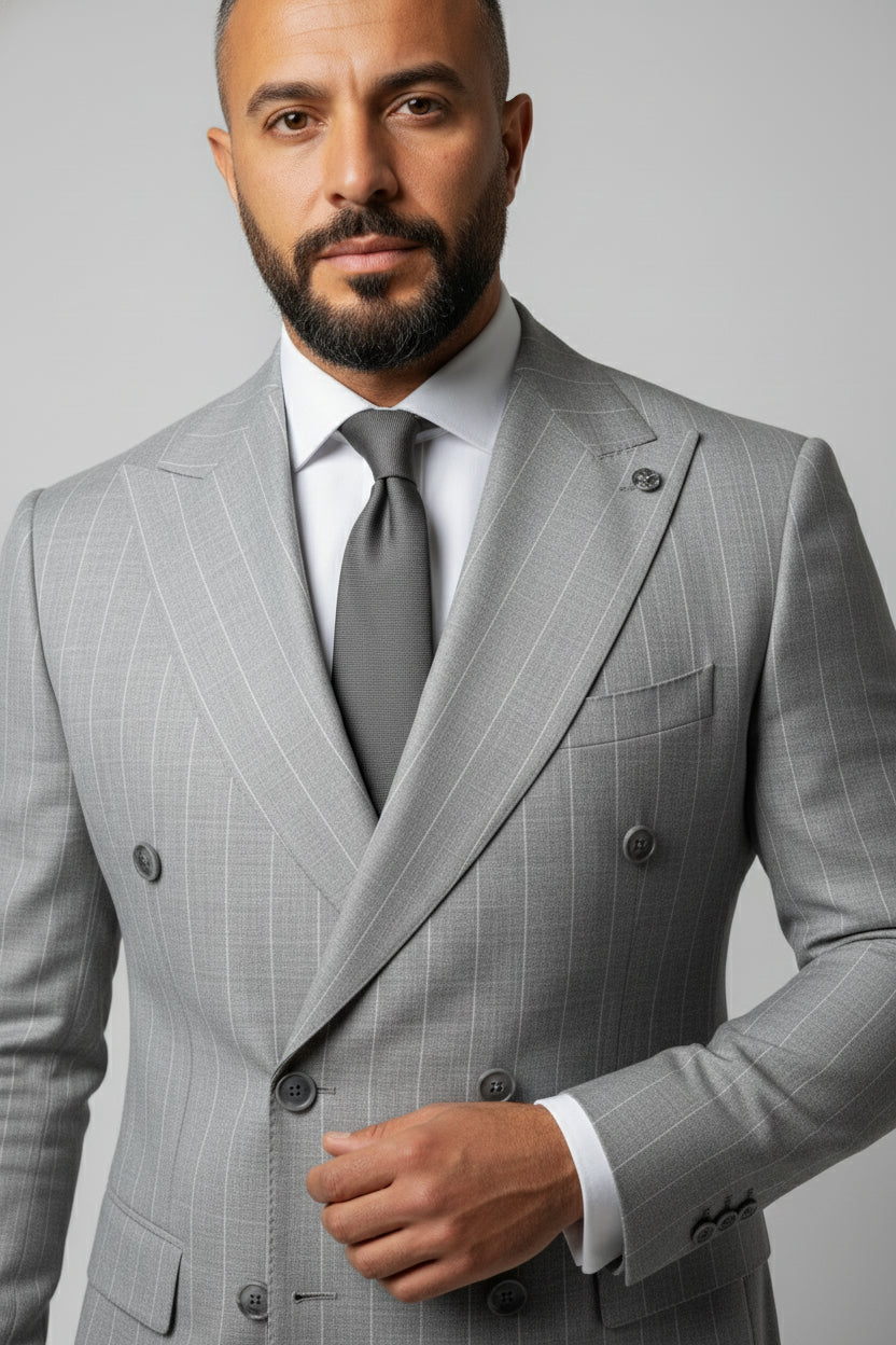 Man wearing grey double-breasted pinstripe suit with tailored fit and tie.