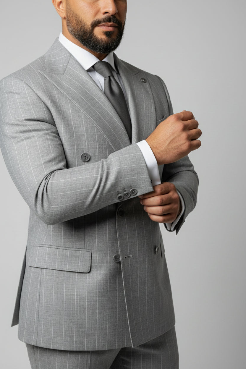 Man adjusting sleeve of grey double-breasted pinstripe suit with tailored fit.