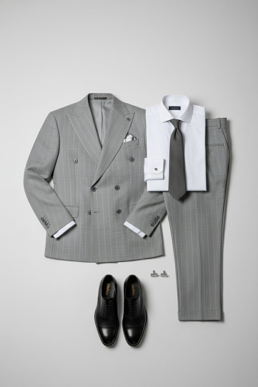 Grey double-breasted pinstripe suit with tailored fit, paired with white dress shirt and tie.